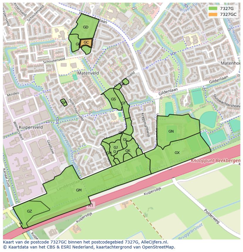Afbeelding van het postcodegebied 7327 GC op de kaart.