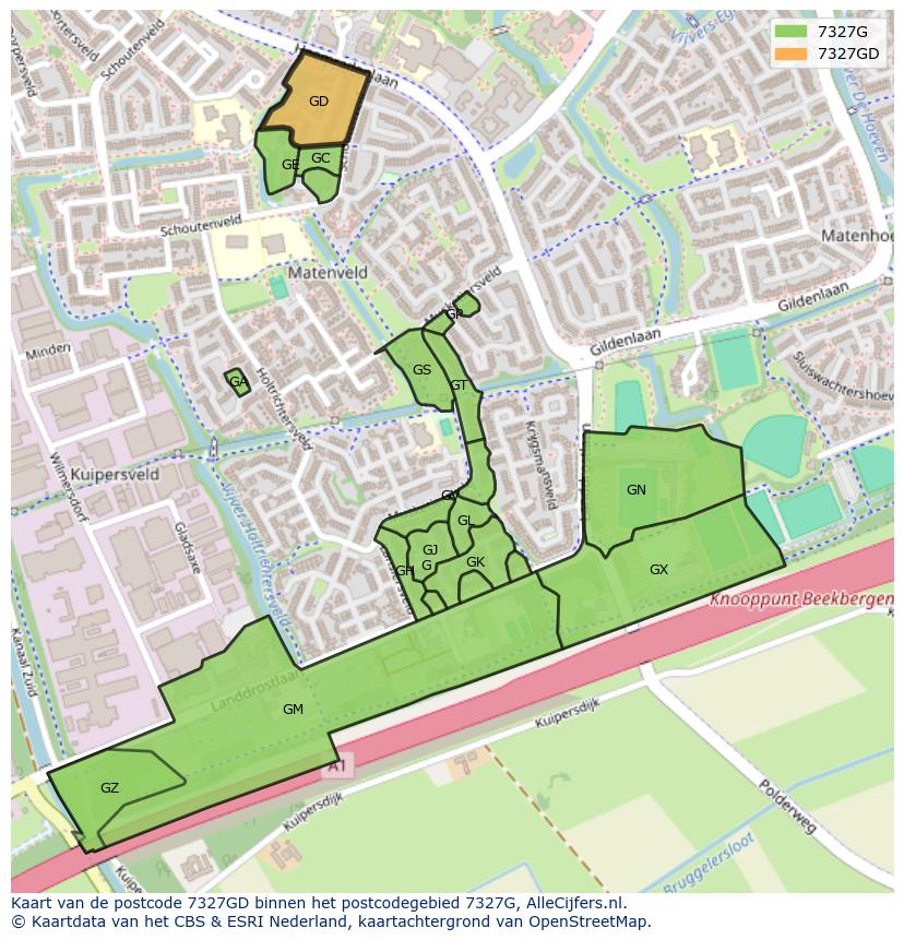Afbeelding van het postcodegebied 7327 GD op de kaart.