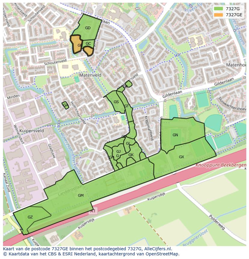 Afbeelding van het postcodegebied 7327 GE op de kaart.