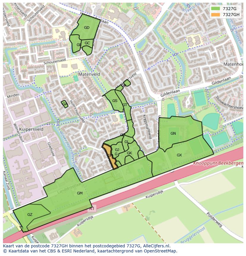 Afbeelding van het postcodegebied 7327 GH op de kaart.