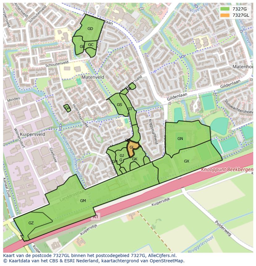 Afbeelding van het postcodegebied 7327 GL op de kaart.