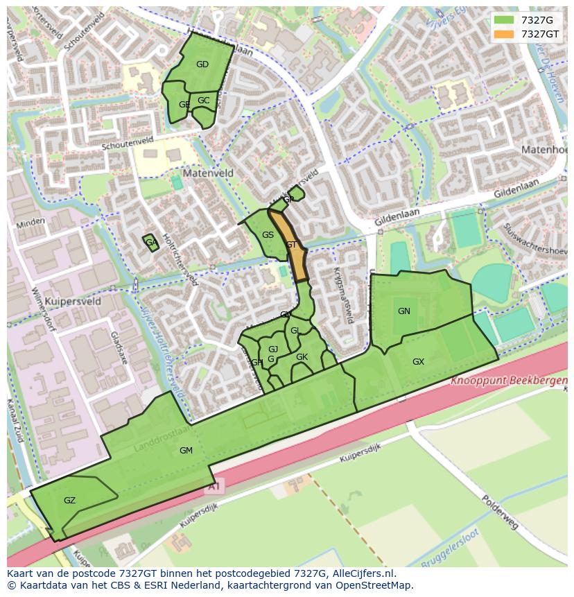 Afbeelding van het postcodegebied 7327 GT op de kaart.