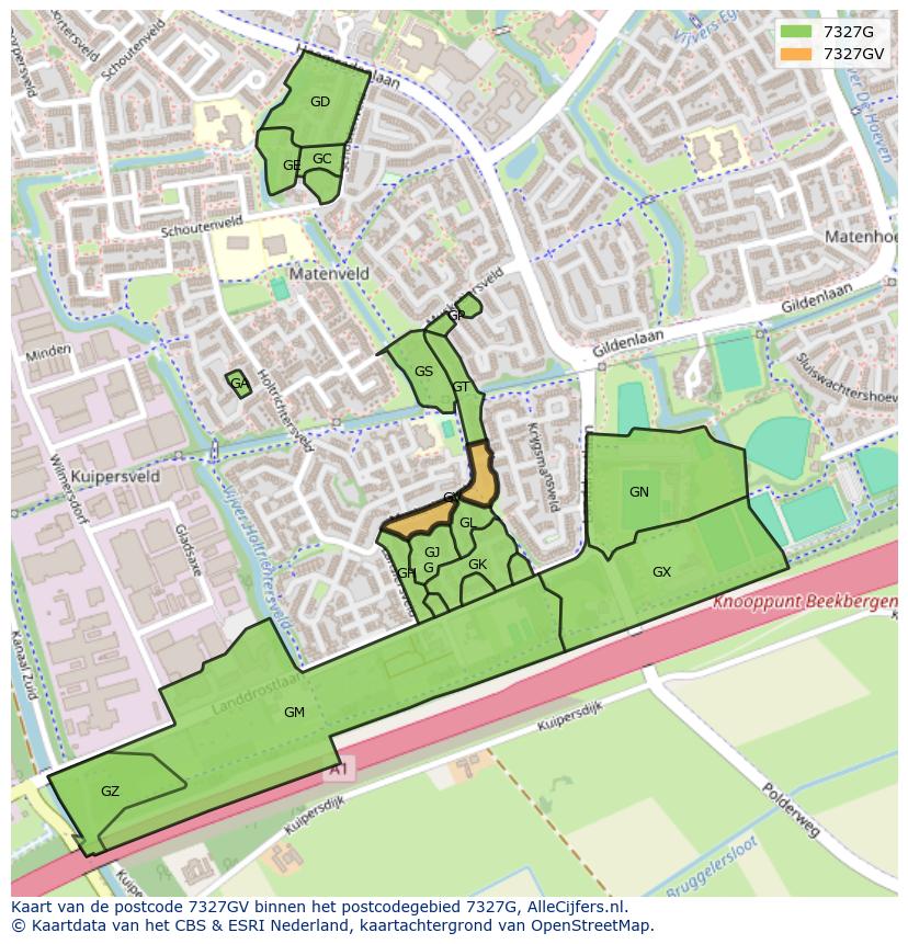 Afbeelding van het postcodegebied 7327 GV op de kaart.