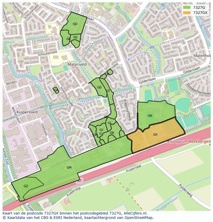Afbeelding van het postcodegebied 7327 GX op de kaart.