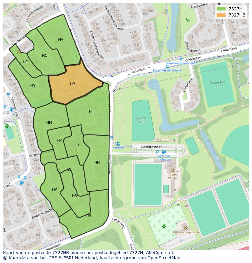 Afbeelding van het postcodegebied 7327 HB op de kaart.