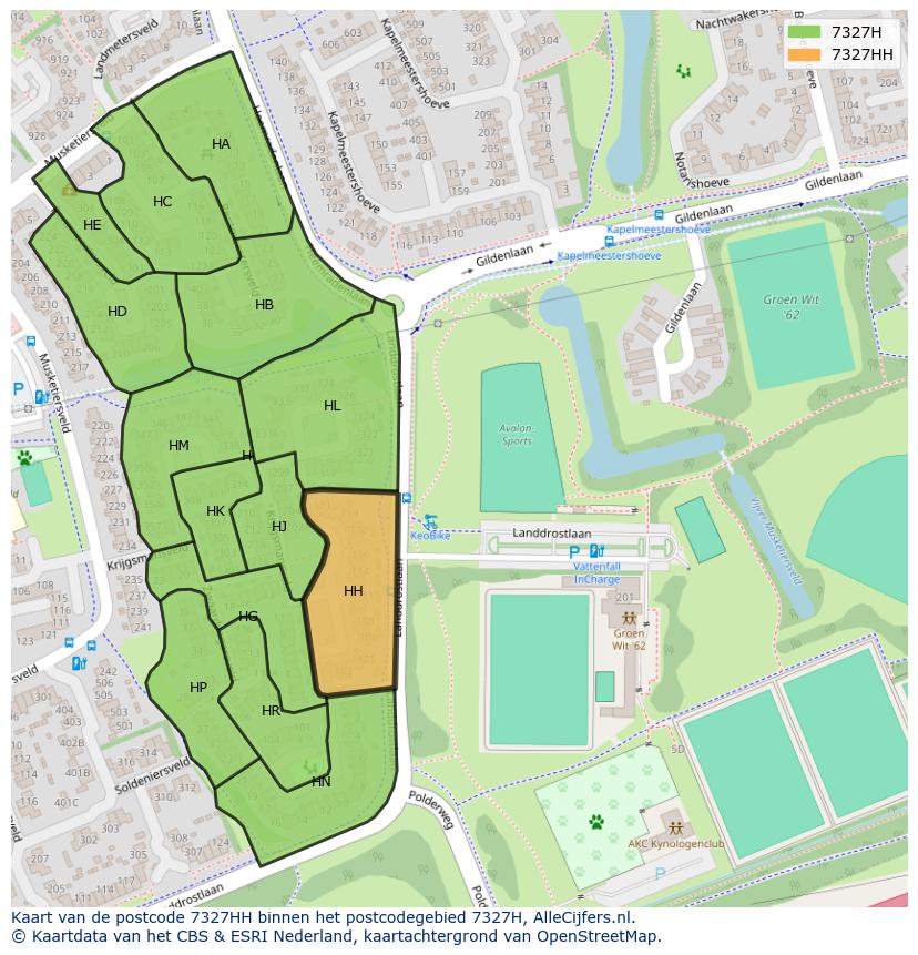 Afbeelding van het postcodegebied 7327 HH op de kaart.
