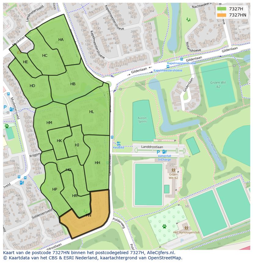Afbeelding van het postcodegebied 7327 HN op de kaart.