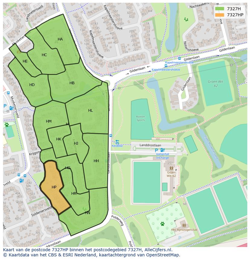 Afbeelding van het postcodegebied 7327 HP op de kaart.