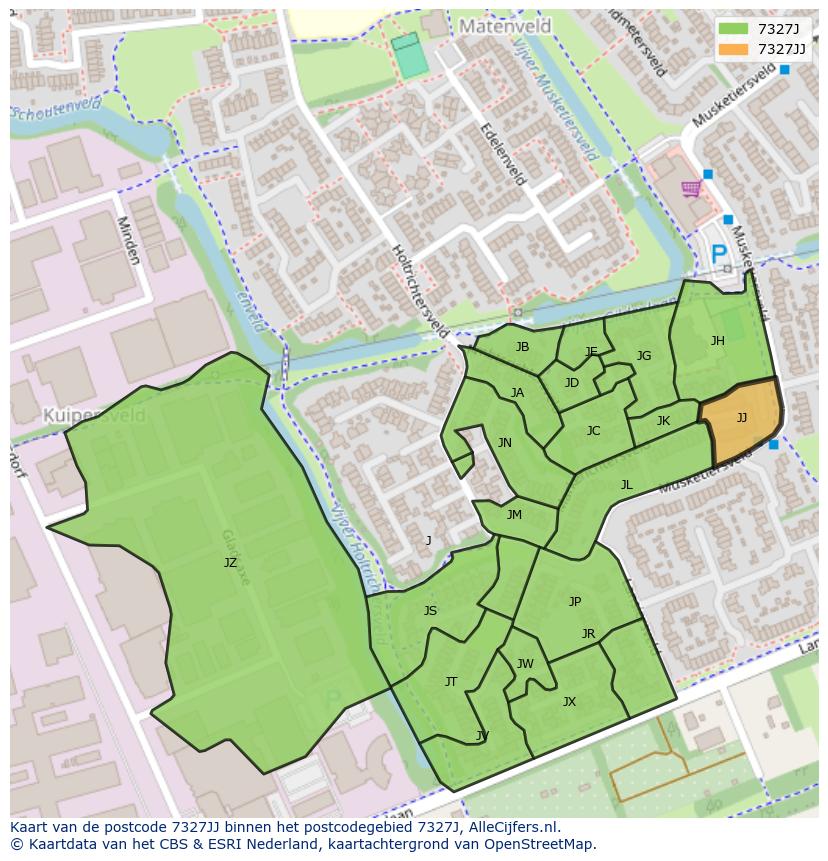 Afbeelding van het postcodegebied 7327 JJ op de kaart.
