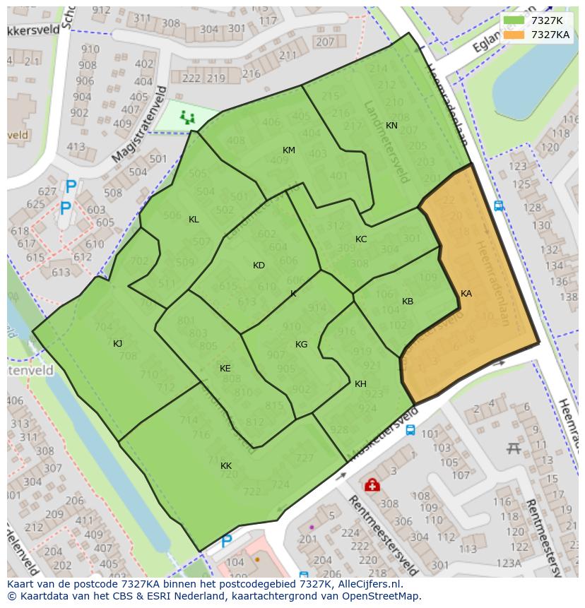Afbeelding van het postcodegebied 7327 KA op de kaart.