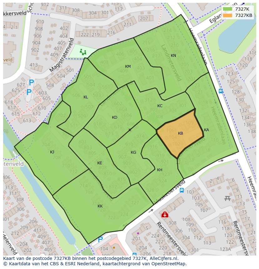 Afbeelding van het postcodegebied 7327 KB op de kaart.