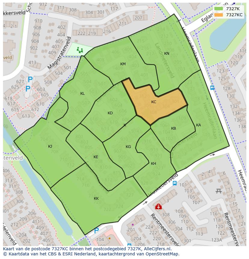 Afbeelding van het postcodegebied 7327 KC op de kaart.