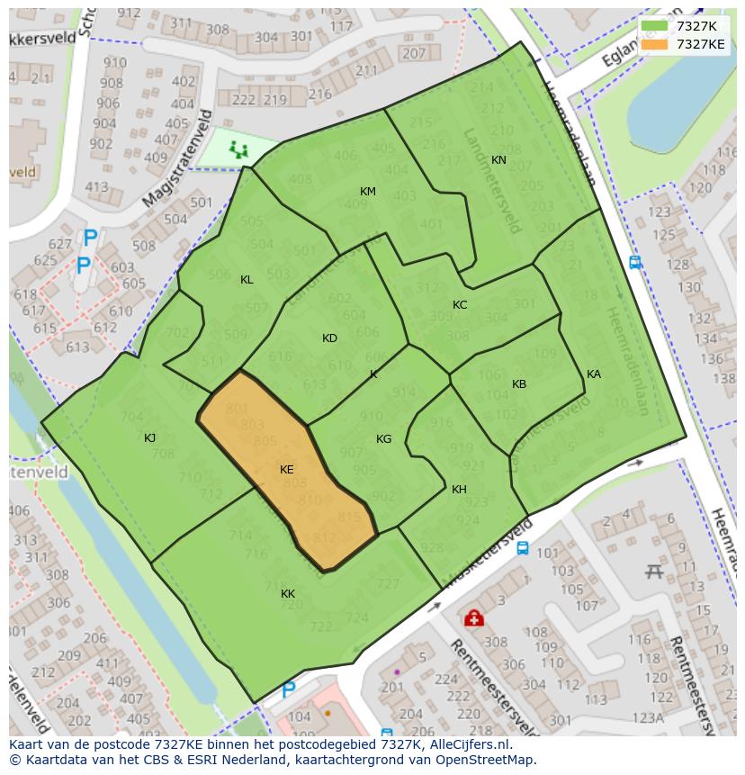 Afbeelding van het postcodegebied 7327 KE op de kaart.