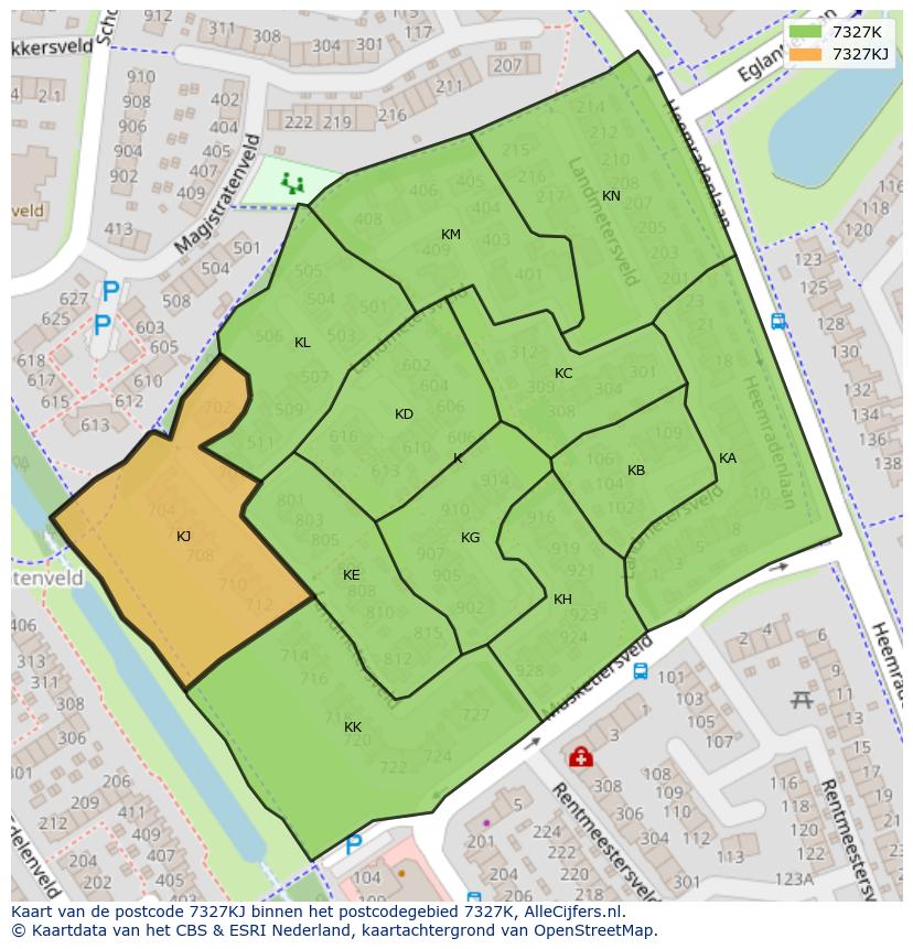 Afbeelding van het postcodegebied 7327 KJ op de kaart.