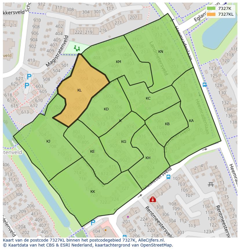 Afbeelding van het postcodegebied 7327 KL op de kaart.