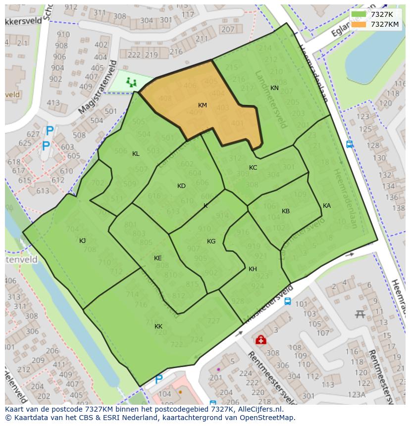 Afbeelding van het postcodegebied 7327 KM op de kaart.