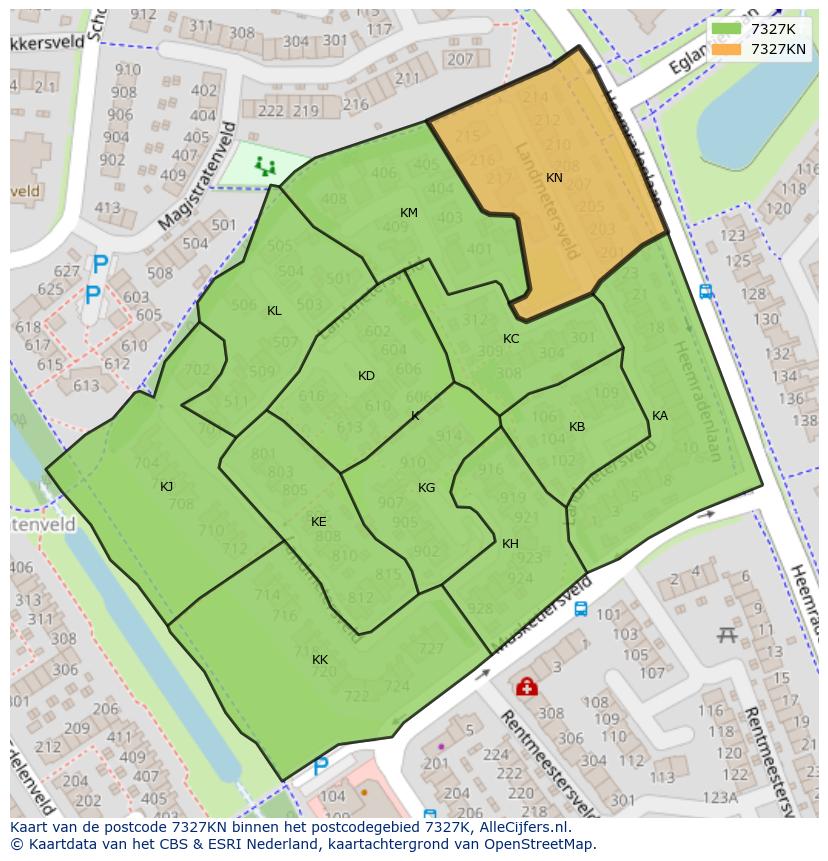 Afbeelding van het postcodegebied 7327 KN op de kaart.