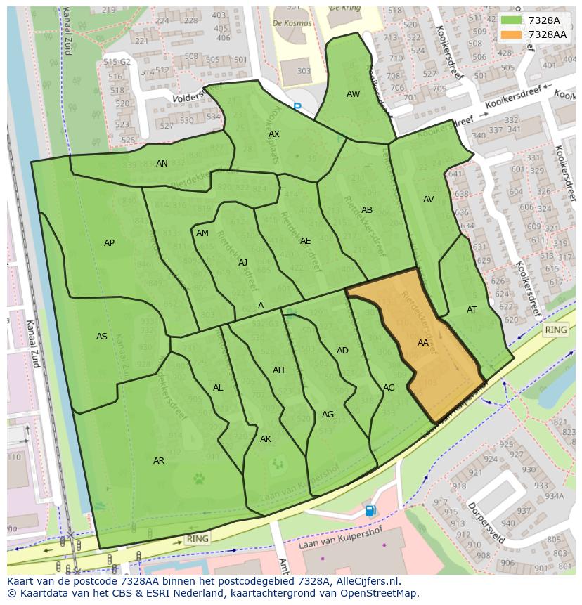 Afbeelding van het postcodegebied 7328 AA op de kaart.