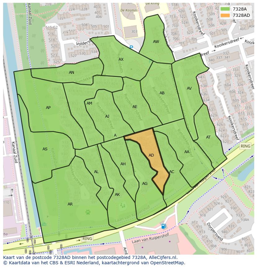 Afbeelding van het postcodegebied 7328 AD op de kaart.