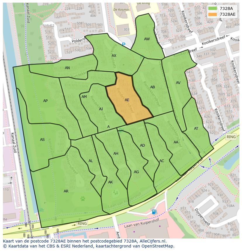 Afbeelding van het postcodegebied 7328 AE op de kaart.