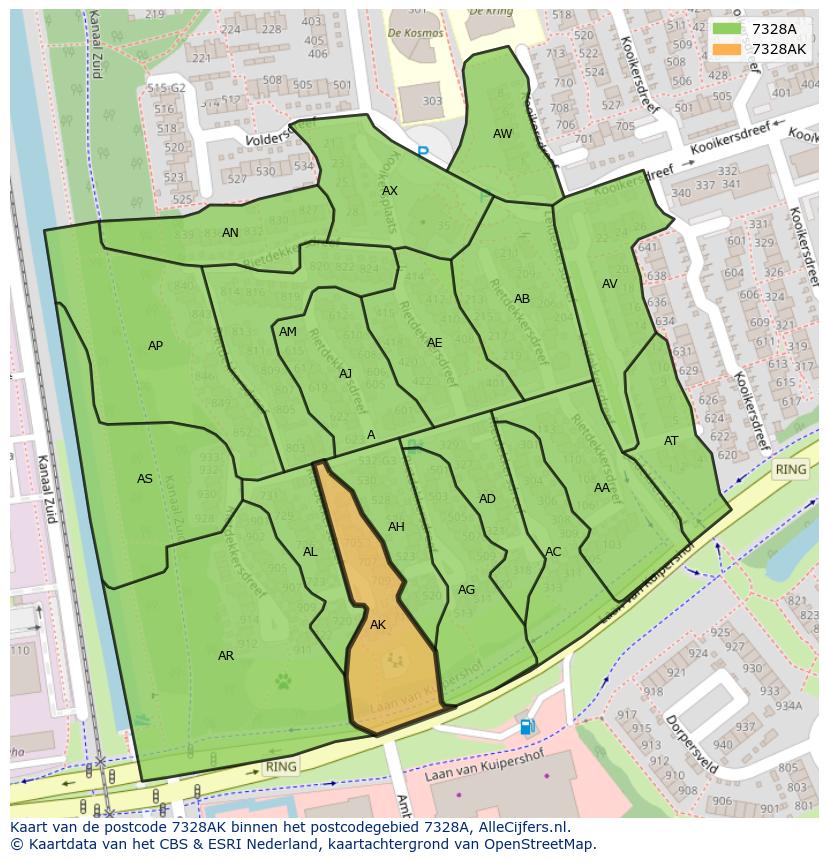 Afbeelding van het postcodegebied 7328 AK op de kaart.