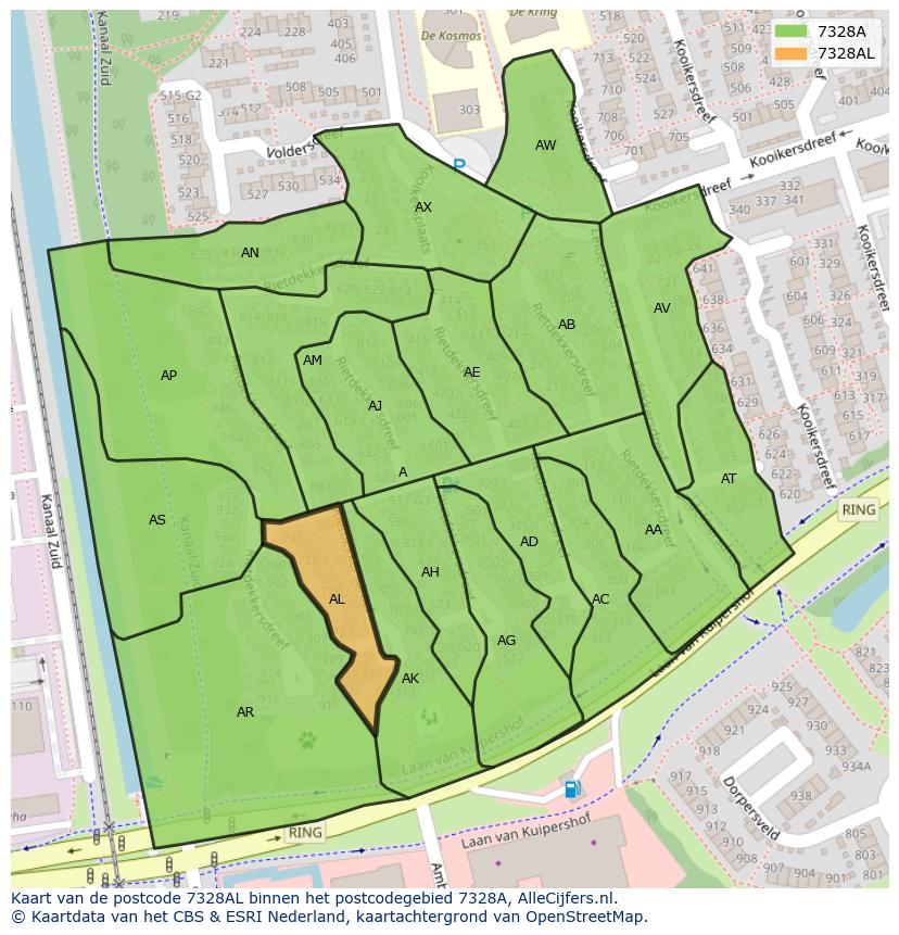 Afbeelding van het postcodegebied 7328 AL op de kaart.
