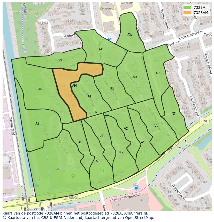 Afbeelding van het postcodegebied 7328 AM op de kaart.
