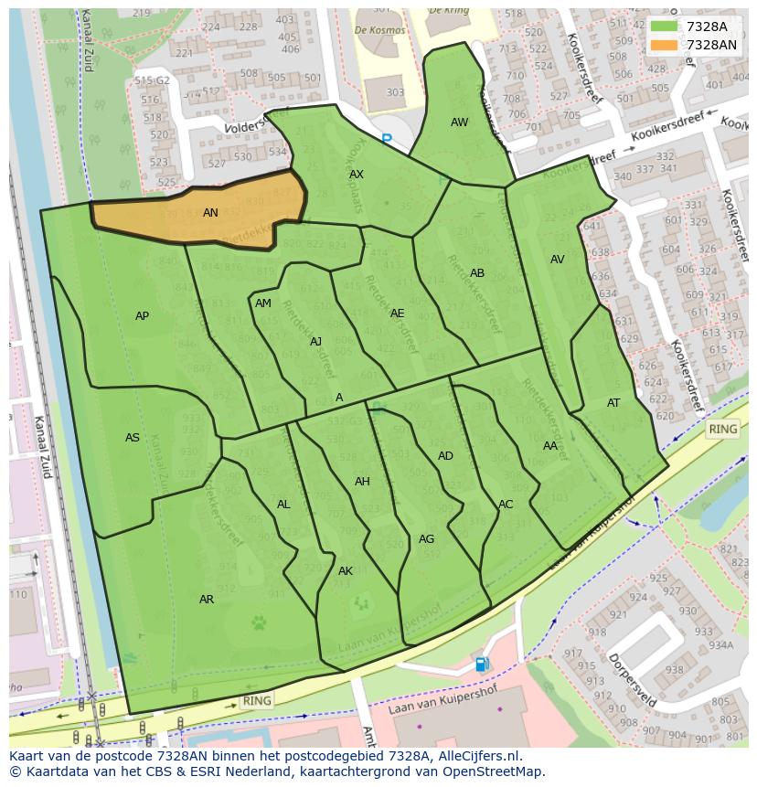 Afbeelding van het postcodegebied 7328 AN op de kaart.