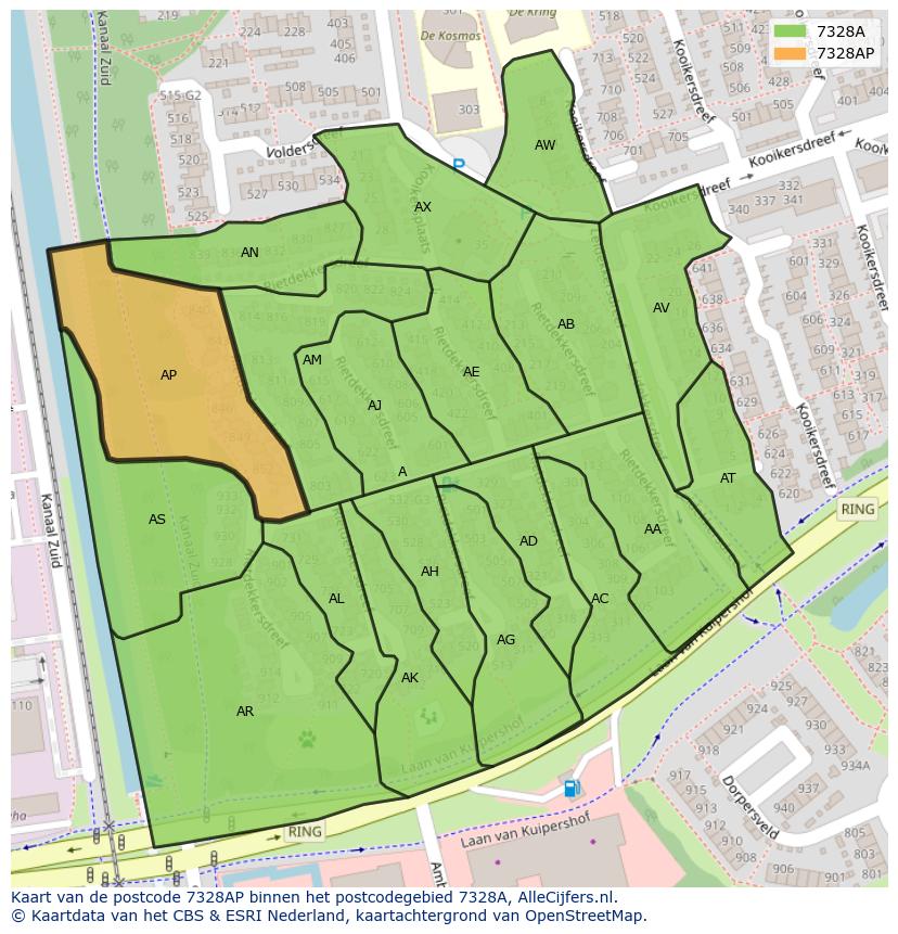 Afbeelding van het postcodegebied 7328 AP op de kaart.