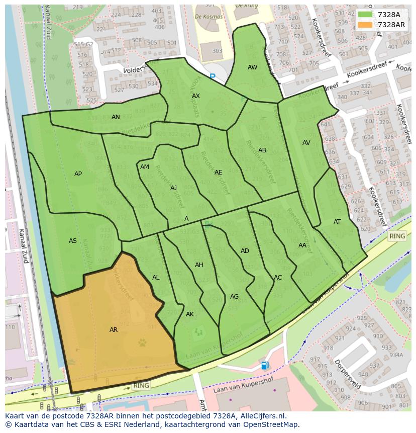 Afbeelding van het postcodegebied 7328 AR op de kaart.