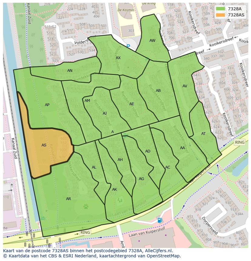Afbeelding van het postcodegebied 7328 AS op de kaart.