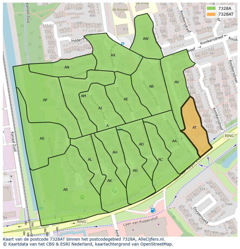 Afbeelding van het postcodegebied 7328 AT op de kaart.