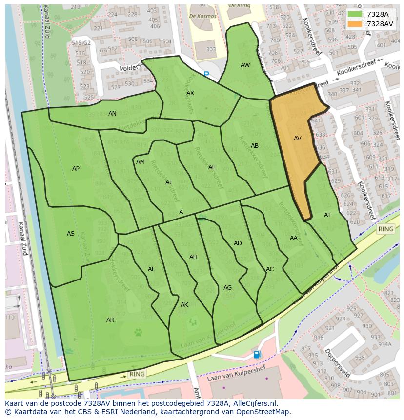 Afbeelding van het postcodegebied 7328 AV op de kaart.
