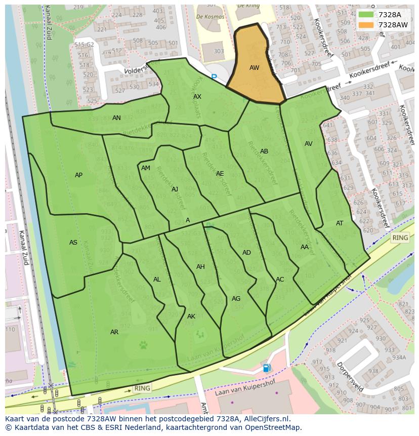 Afbeelding van het postcodegebied 7328 AW op de kaart.