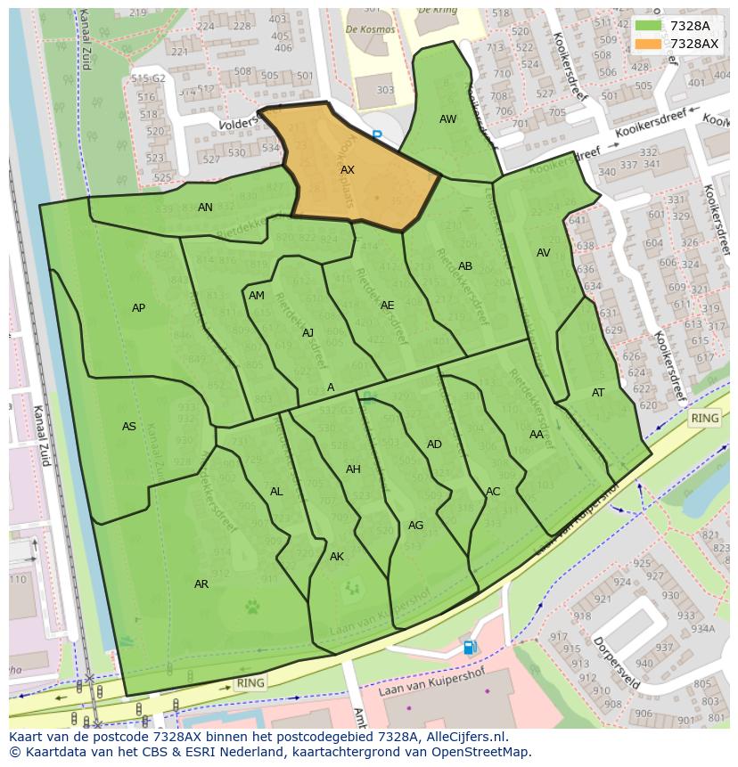 Afbeelding van het postcodegebied 7328 AX op de kaart.