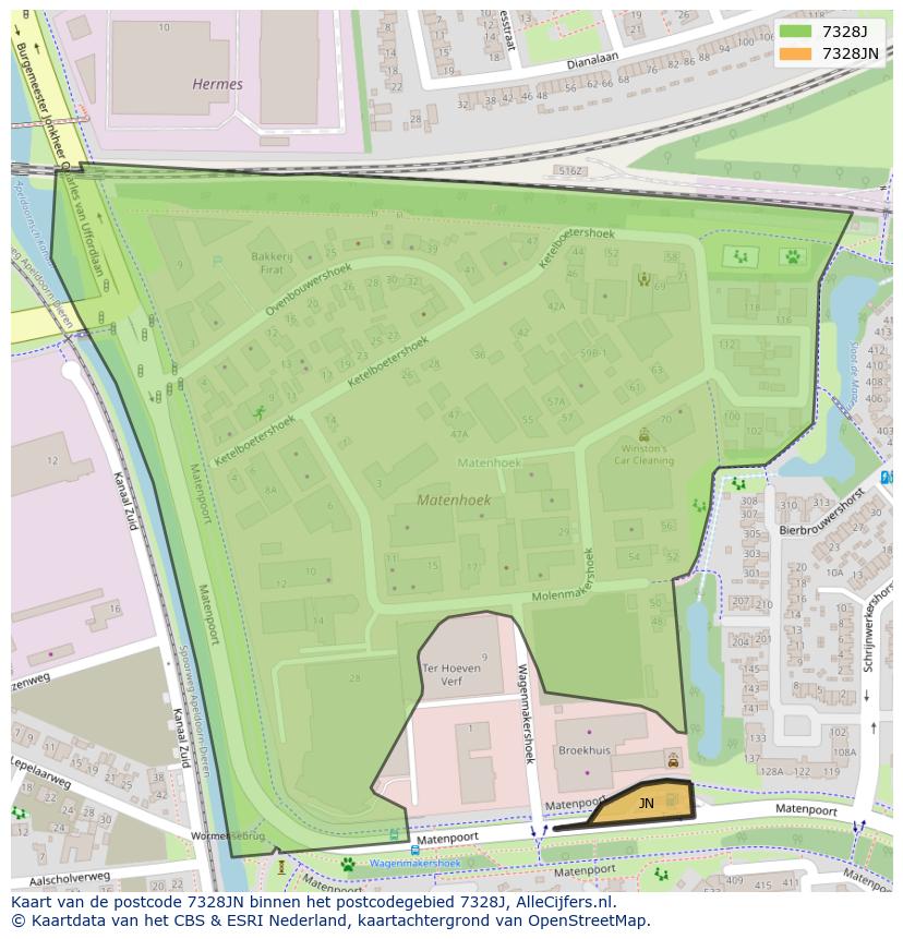 Afbeelding van het postcodegebied 7328 JN op de kaart.