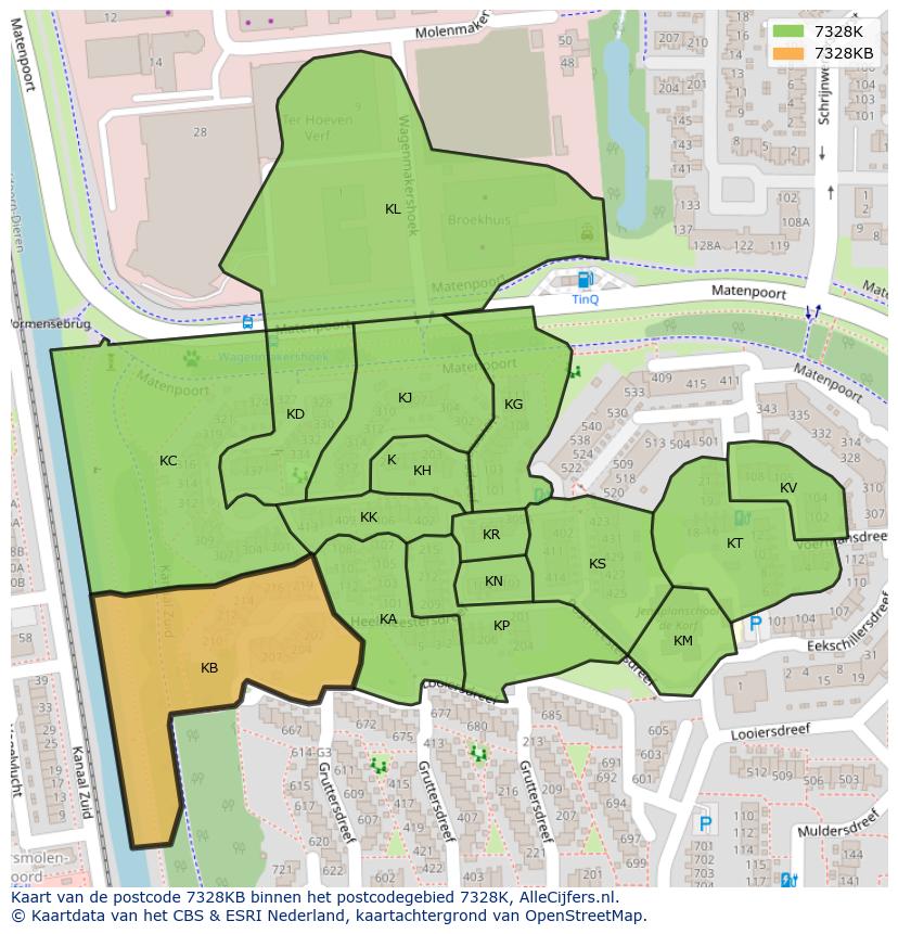 Afbeelding van het postcodegebied 7328 KB op de kaart.
