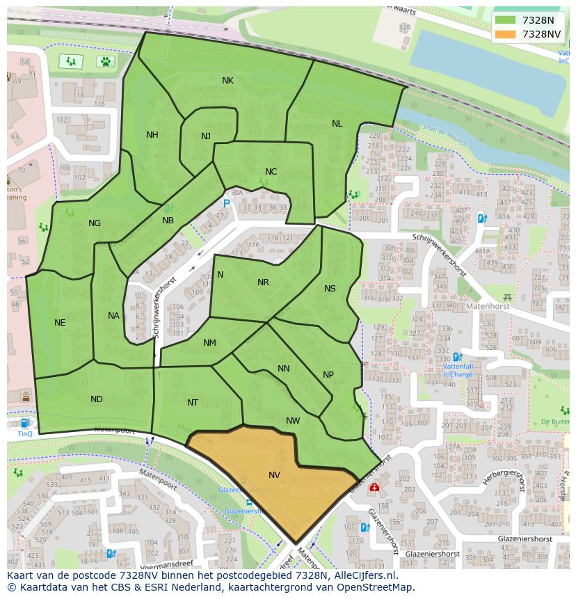 Afbeelding van het postcodegebied 7328 NV op de kaart.