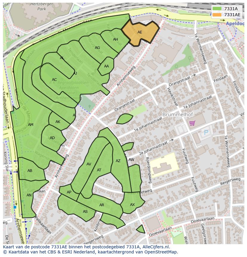 Afbeelding van het postcodegebied 7331 AE op de kaart.