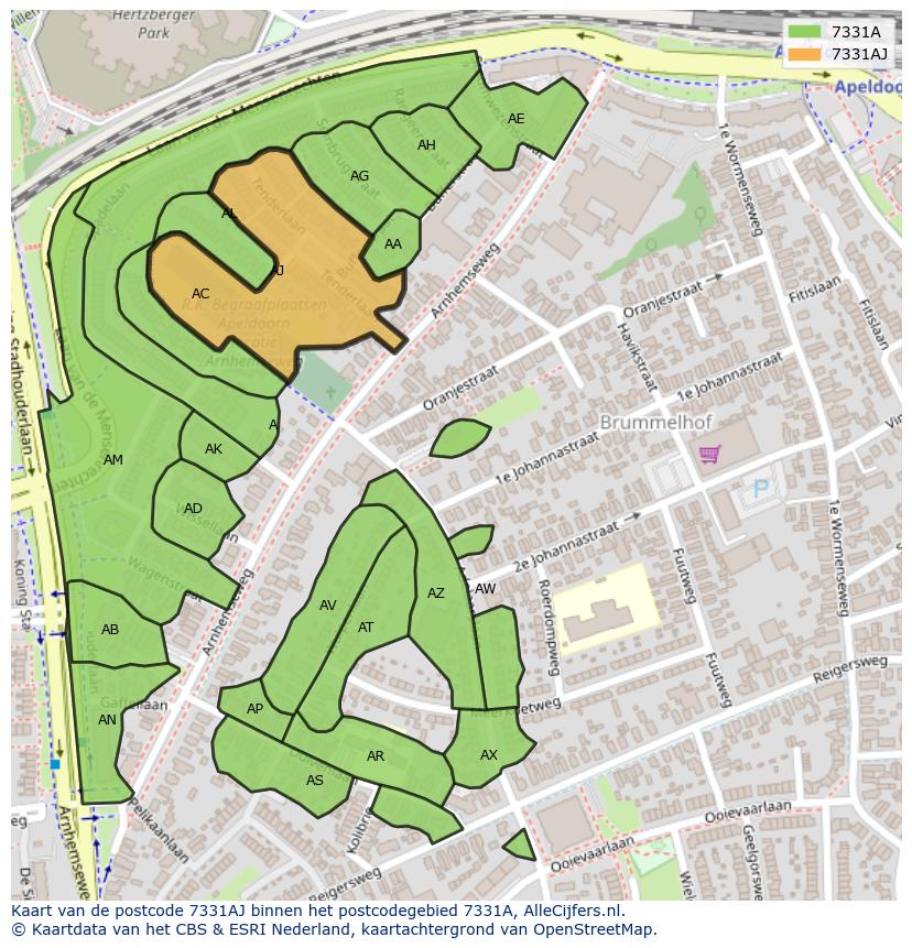Afbeelding van het postcodegebied 7331 AJ op de kaart.