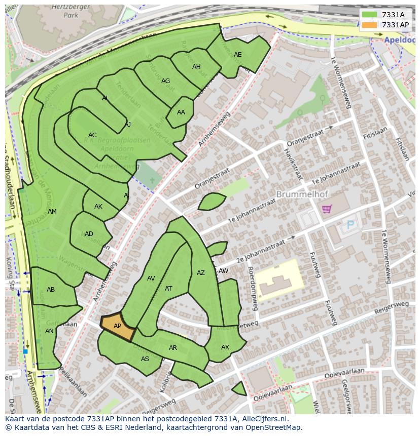 Afbeelding van het postcodegebied 7331 AP op de kaart.
