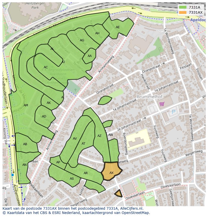 Afbeelding van het postcodegebied 7331 AX op de kaart.
