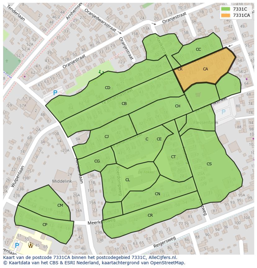 Afbeelding van het postcodegebied 7331 CA op de kaart.