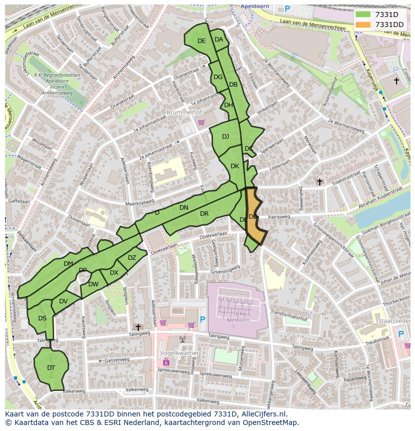 Afbeelding van het postcodegebied 7331 DD op de kaart.
