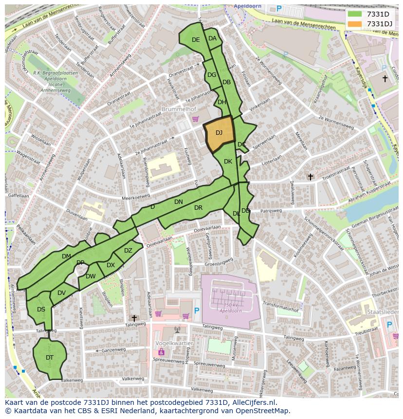 Afbeelding van het postcodegebied 7331 DJ op de kaart.