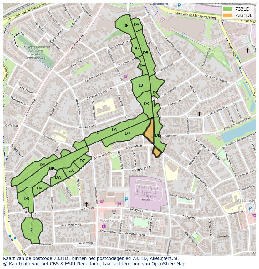 Afbeelding van het postcodegebied 7331 DL op de kaart.