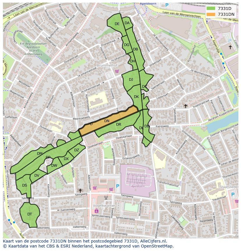 Afbeelding van het postcodegebied 7331 DN op de kaart.