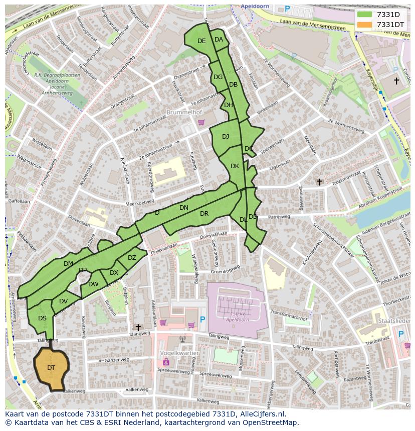 Afbeelding van het postcodegebied 7331 DT op de kaart.