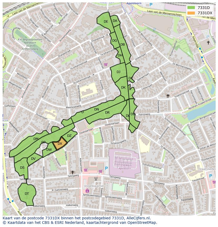 Afbeelding van het postcodegebied 7331 DX op de kaart.