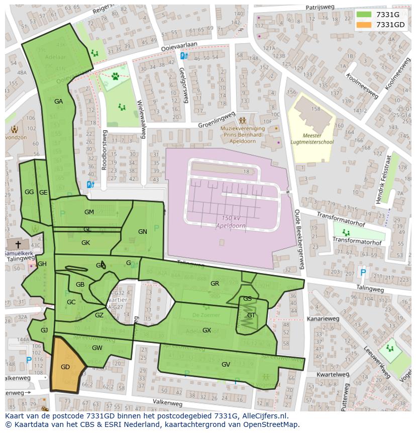 Afbeelding van het postcodegebied 7331 GD op de kaart.